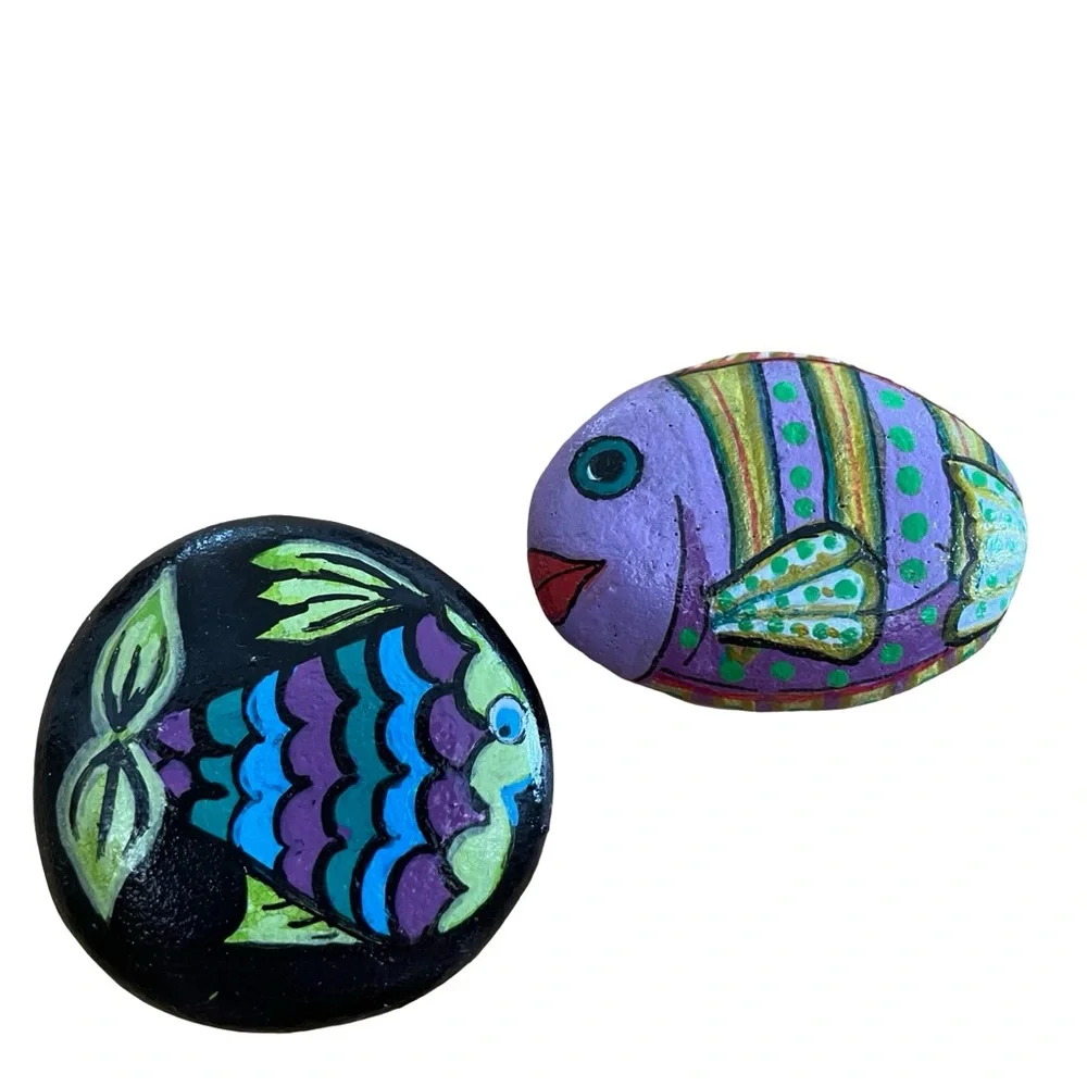 Hand crafted painted fish rocks set of 2 blue purple black yellow dots 2x2 inch